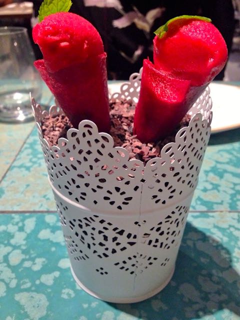 Cherry cheesecake cornet at Disfrutar Restaurant Barcelona