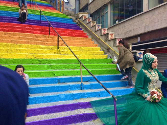 Bride posing for photos on the Rainbow Steps, Istanbul