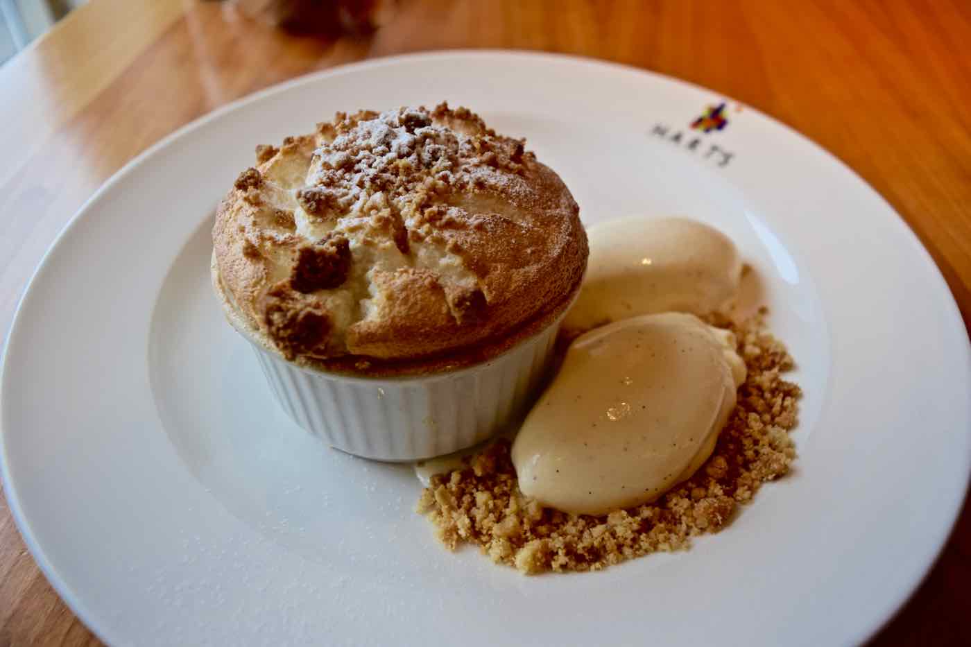 Apple crumble souffle at Hart's Restaurant, Nottingham