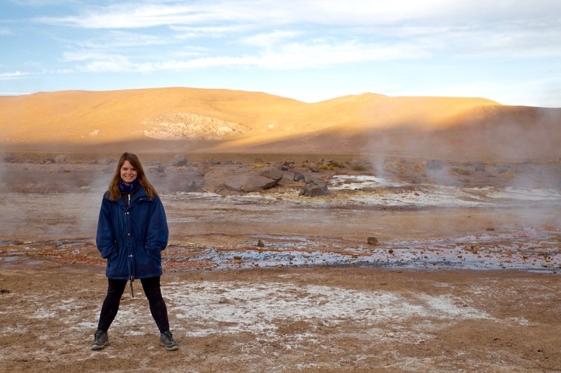 Sunrise (wearing as many coats as I could!) at El Tatio Geysers