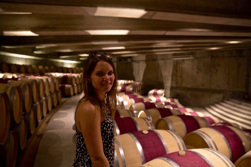 Exploring the barrel room at Vina Montes, Colchagua Valley, Chile