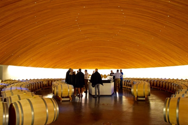 Wine tasting in the barrel room at Lapostolle, Colchagua Valley, Chile