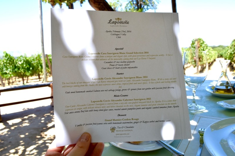 Lunch menu at Lapostolle, Colchagua Valley, Chile 