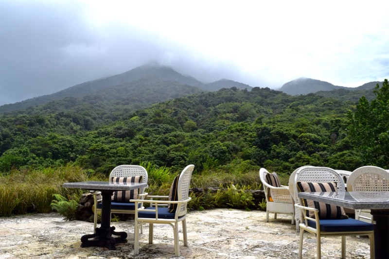 Belle Mont Farm Restaurant looking out at Mount Liamuiga, St Kitts
