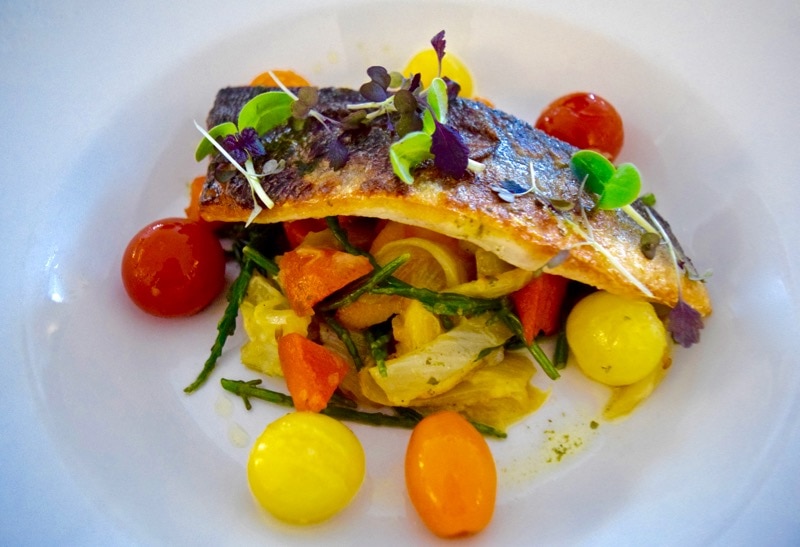 Sea bass with IOW heritage tomatoes, sweet potato and fennel at Three Buoys, Ryde, Isle of Wight