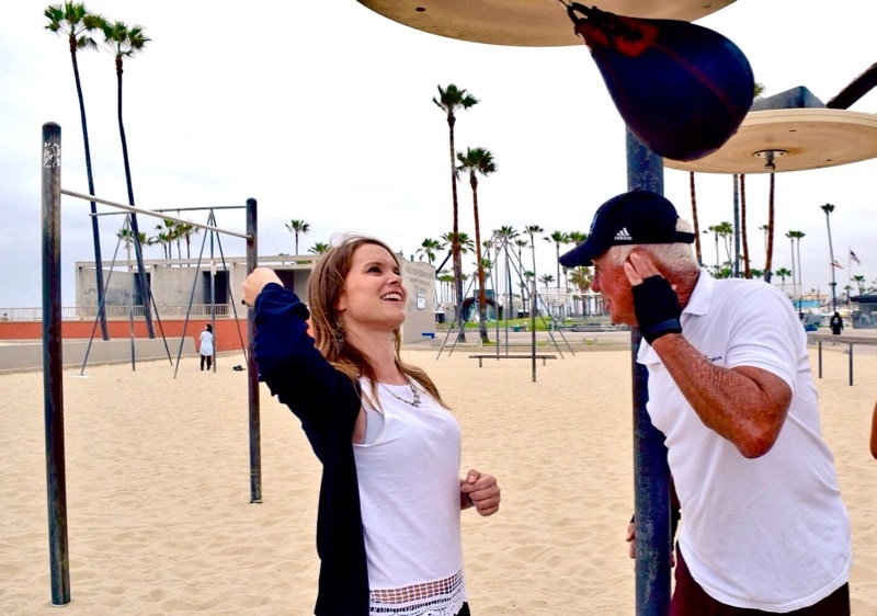 Attempting to work out on Muscle Beach, L.A.