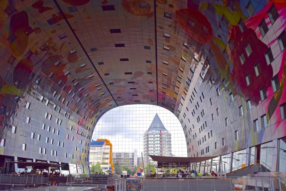 Inside looking out of Markthal, Rotterdam