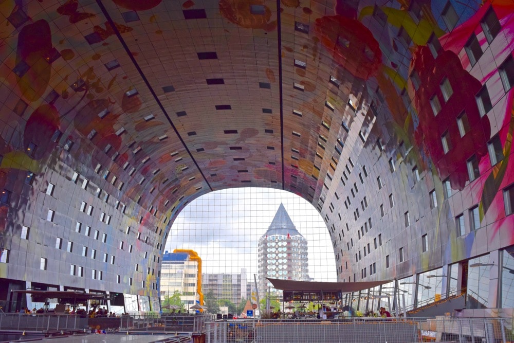 Inside looking out of Markthal, Rotterdam