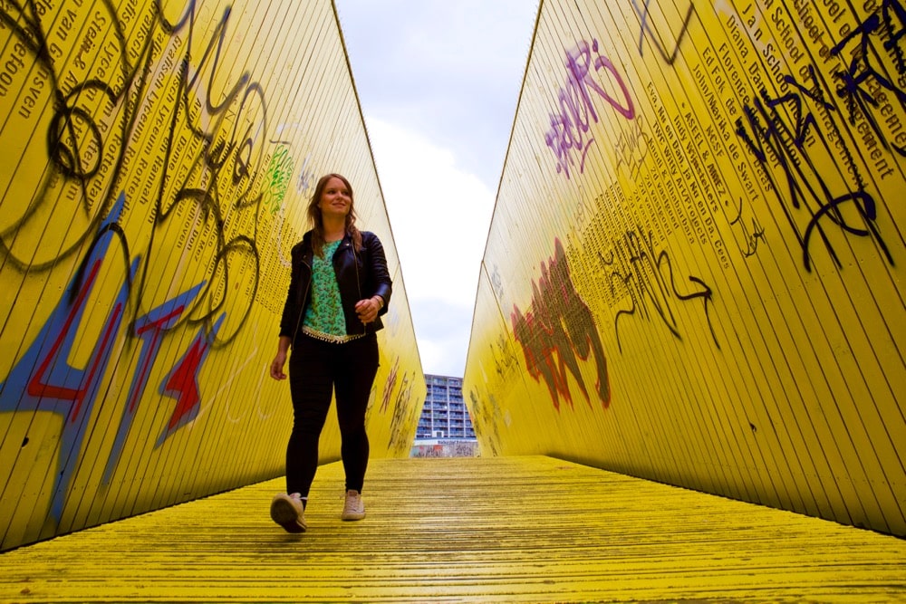 Walking down the Luchtsingel (yellow bridge) in Rotterdam