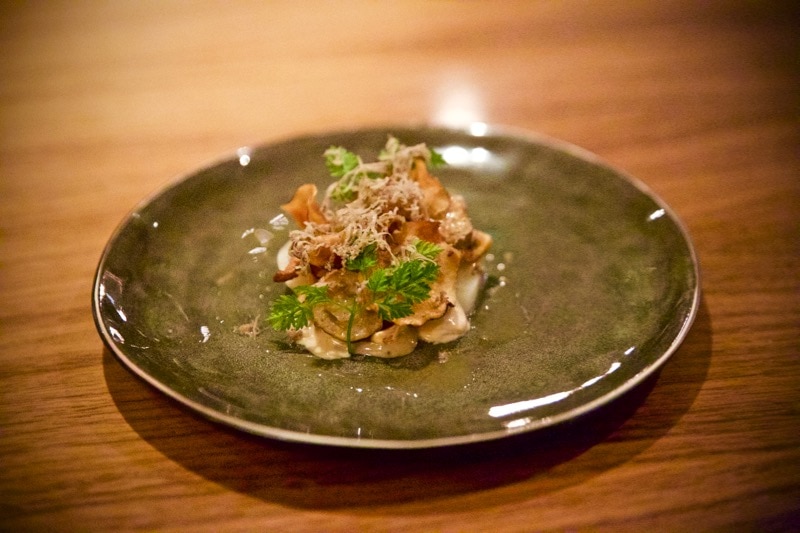 Pickled and roasted Jerusalem artichokes came with a truffle jel, toasted hazelnuts, shavings of black autumn truffle and chervil at The Artichoke, Amersham