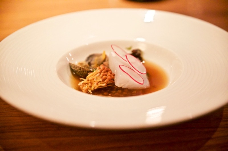 Poached fillet of turbot, toasted buckwheat, radishes and golden enoki mushrooms at The Artichoke, Amersham