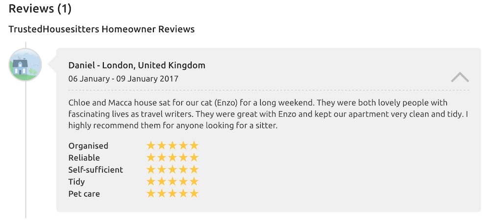 Our first review on Trusted Housesitters