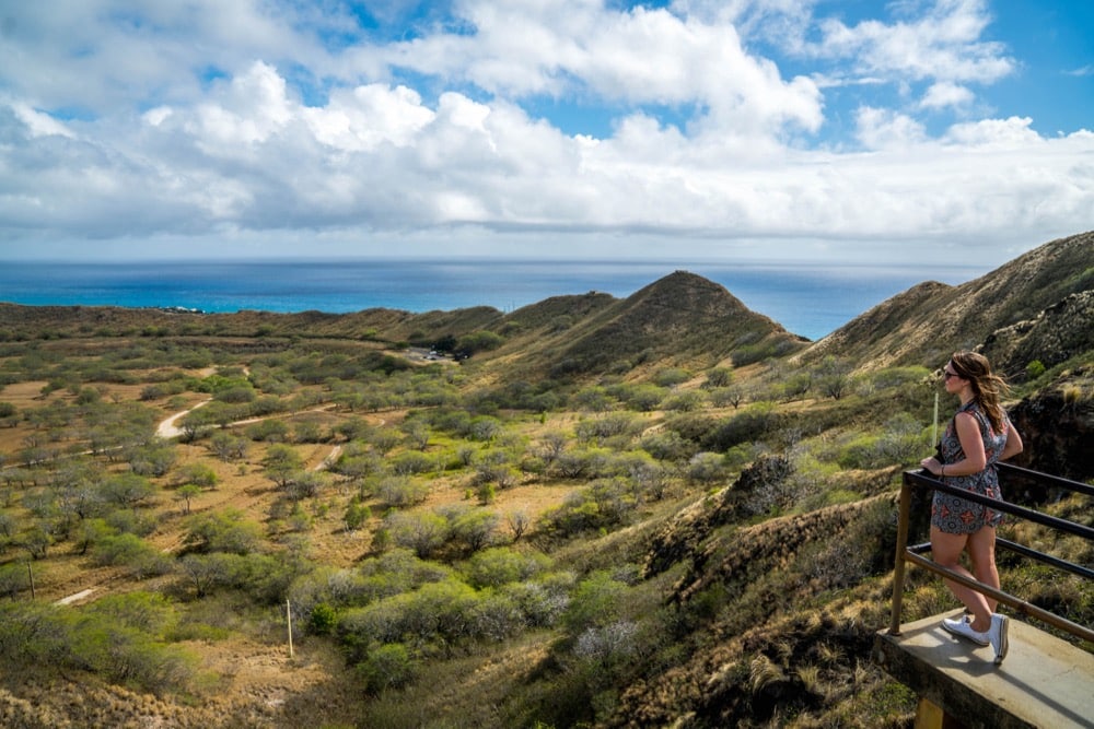 Enjoying the views from the first lookout on Diamond Head Trail, Hawaii