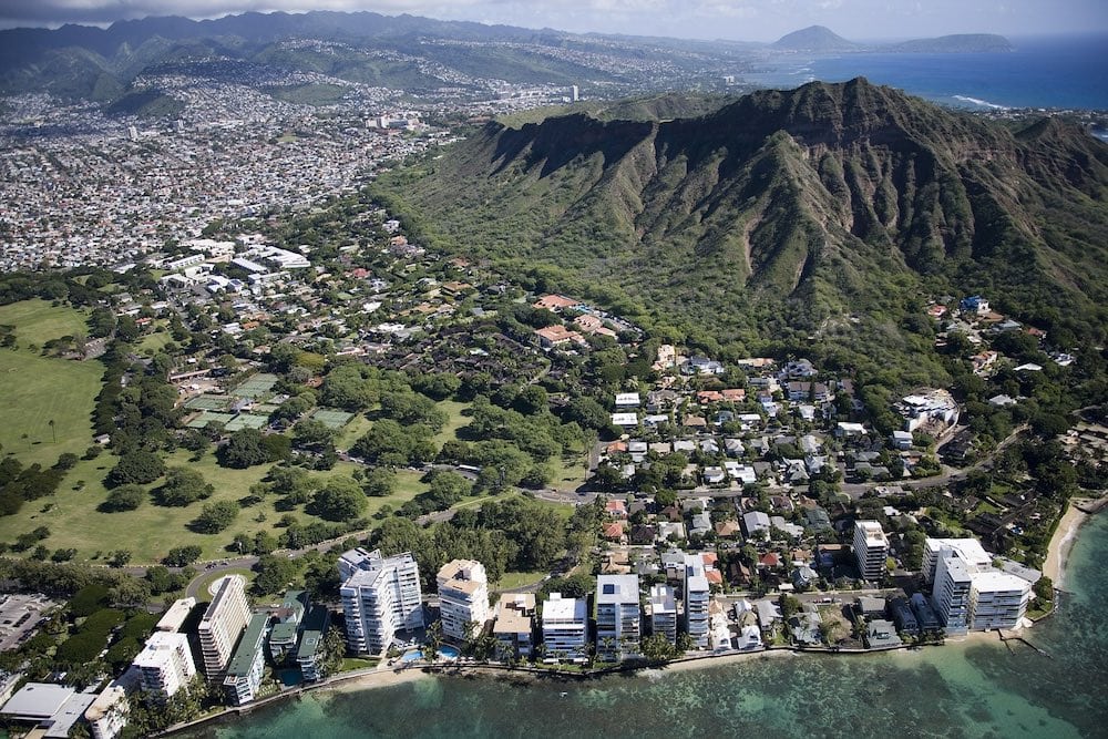 Aerial view of Diamond Head and Waikiki Beach. Hawaii