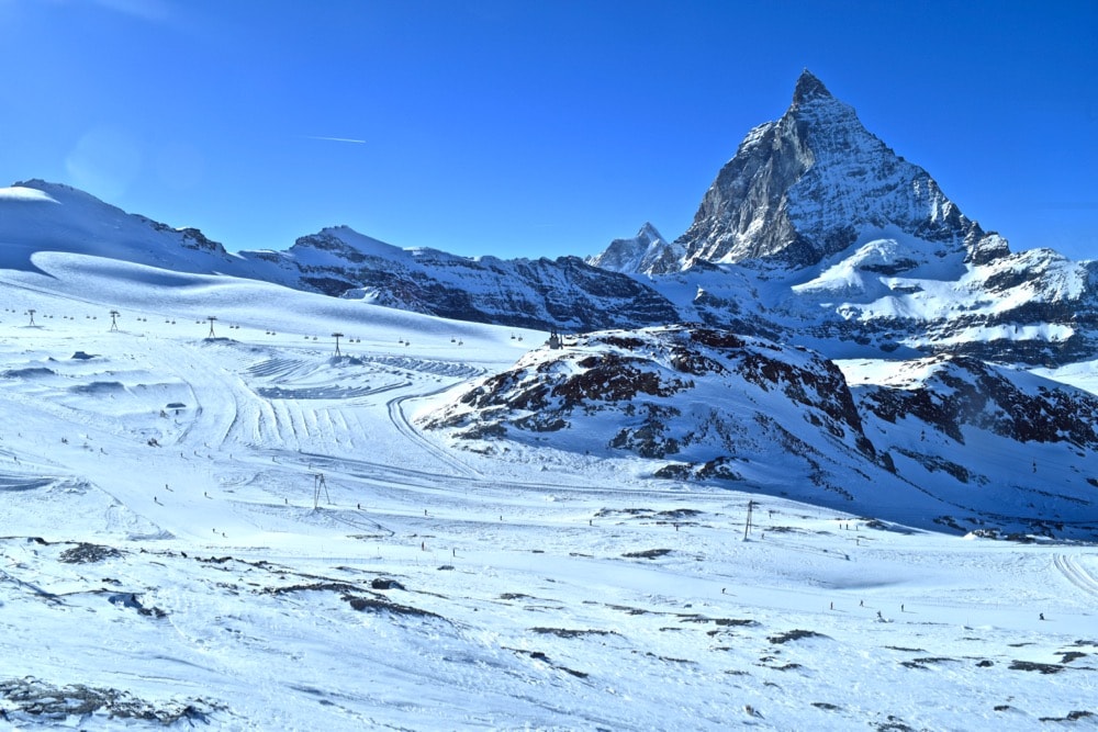 Skiers in front of the Matterhorn, Zermatt, Switzerland