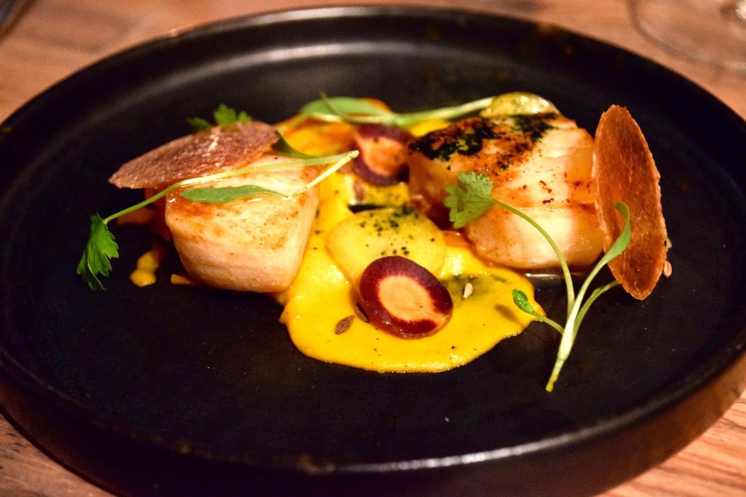 Scallops with carrot puree at Hawkyns Restaurant, Amersham