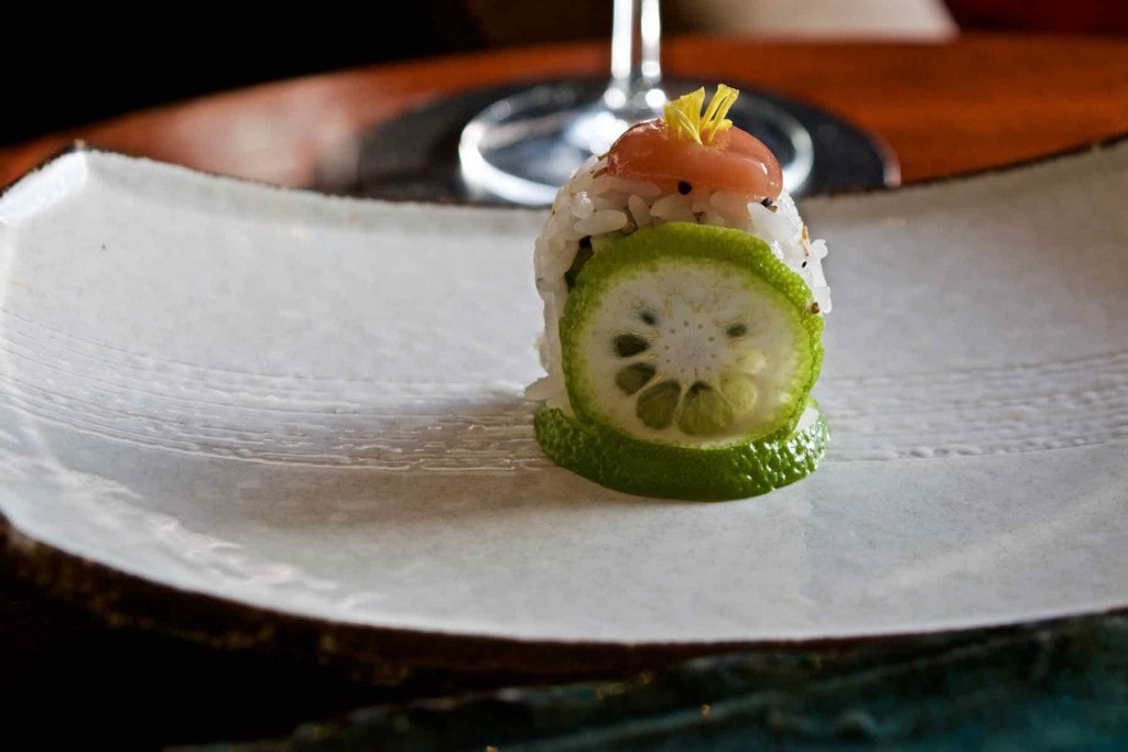 Vegetarian sushi canape at Maze Restaurant, Mayfair