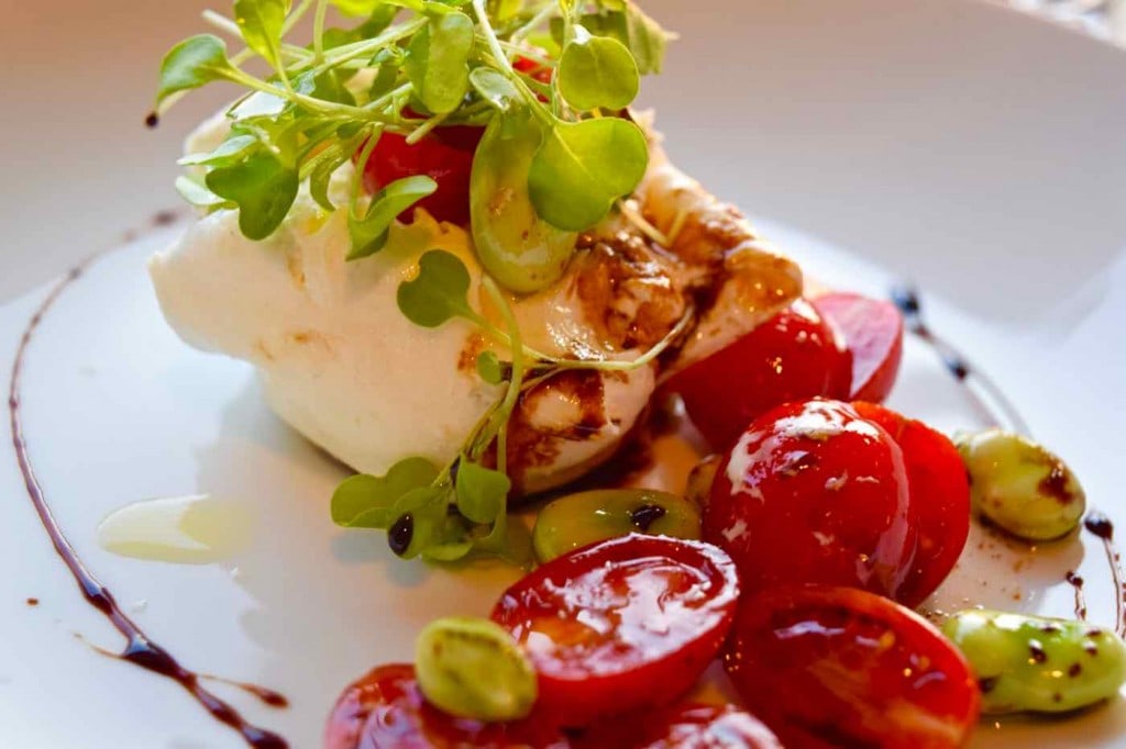 Burrata, dattarini tomatoes and broad beans at Osteria London