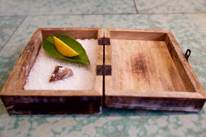 Salty walnut candy with mango, tonka beans and whiskey at Disfrutar Restaurant, Barcelona