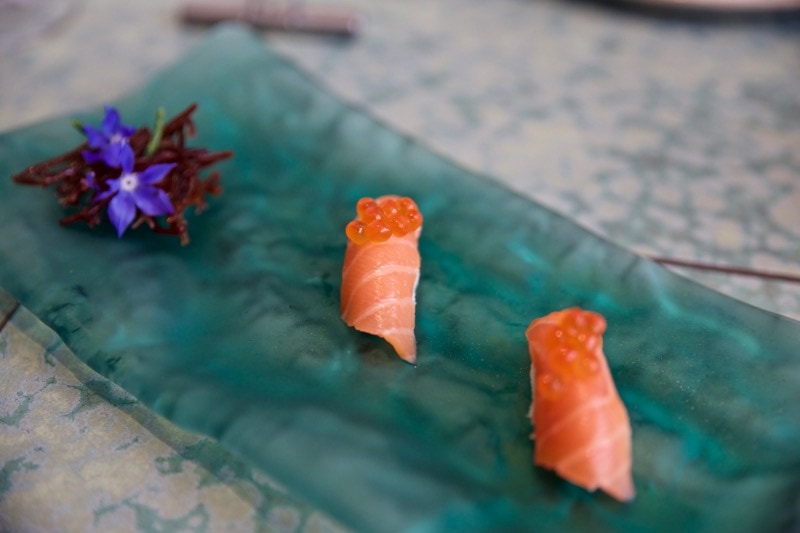 Cauliflower and salmon sushi at Disfrutar Restaurant, Barcelona