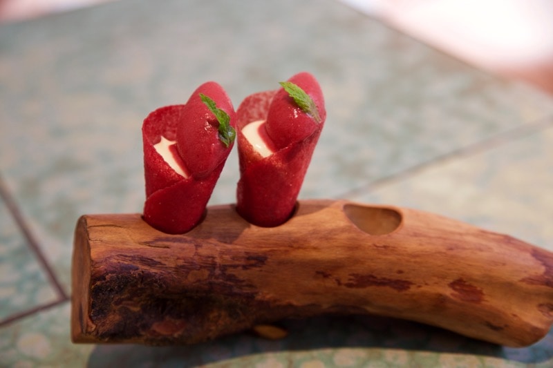 Cherry cheesecake cornet at Disfrutar Restaurant, Barcelona