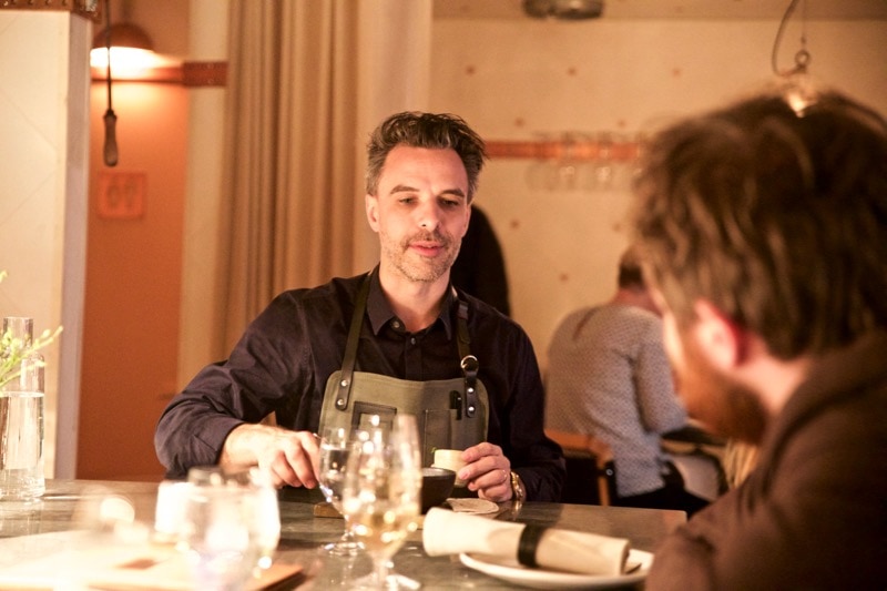 Sommelier Max with customers at Restaurang Ekstedt, Stockholm