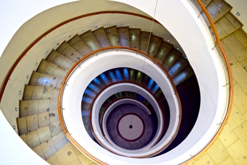 Incredible spiral staircase at Lapostolle Colchagua Valley, Chile from the vineyards