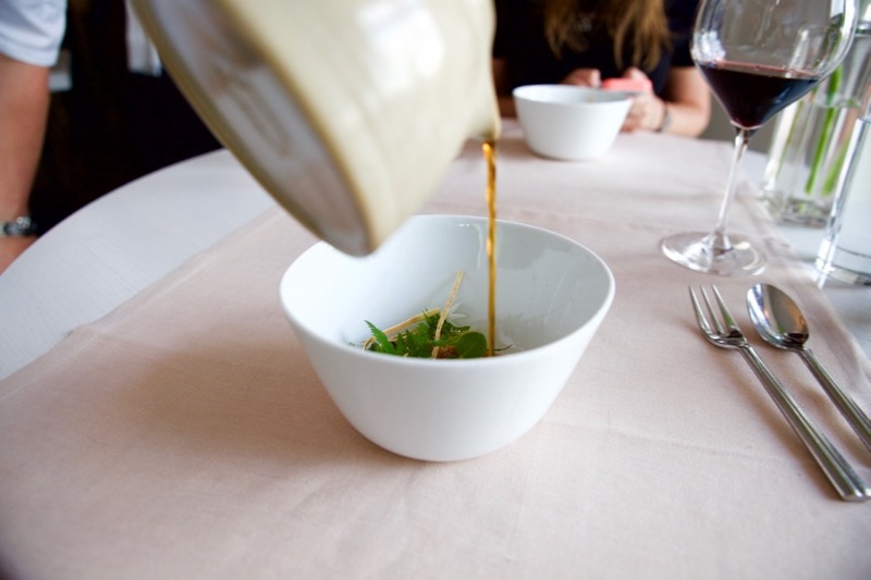 Sweetbreads of veal with new potatoes, nettle puree and oxtail stock at Olo Restaurant, Helsinki