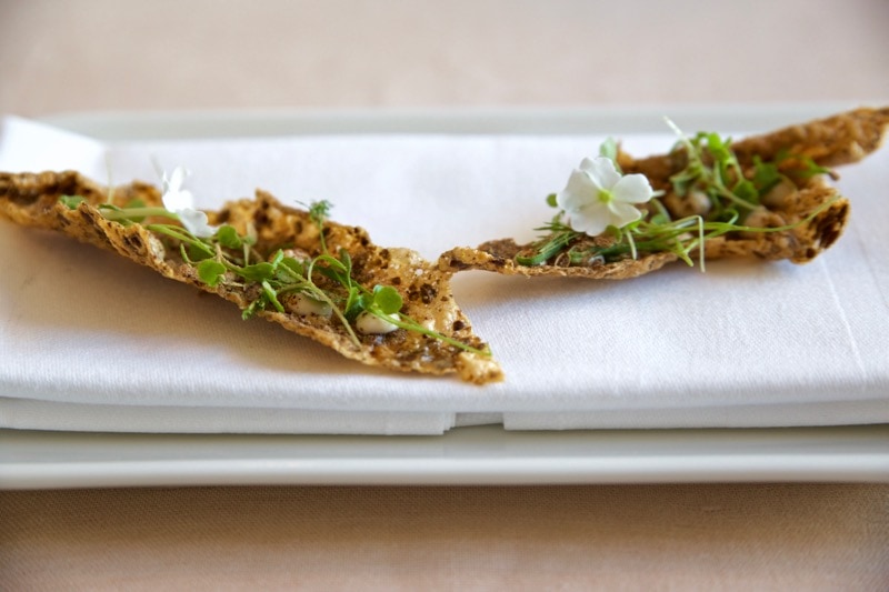 Linseed cracker, mushroom emulsion and mushroom dust at Olo Restaurant, Helsinki