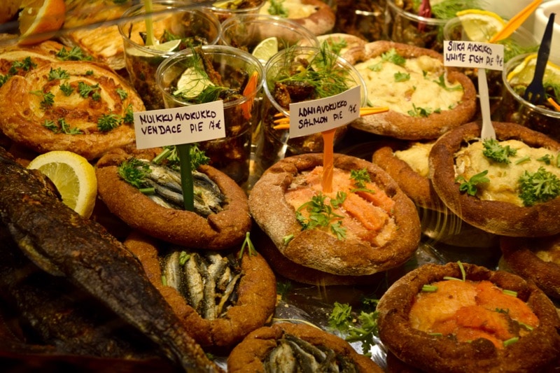 Salmon dishes for sale in the Old Market Hall, Helsinki