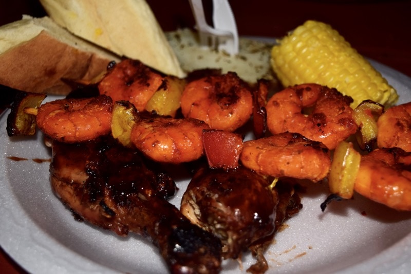 Shrimp and BBQ chicken at Sprat Net, St Kitts