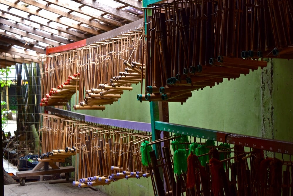 Rows of anklungs at Anklung Udjo, Bandung, Indonesia