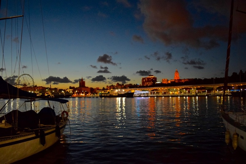 Night time by the water in Malaga, Spain