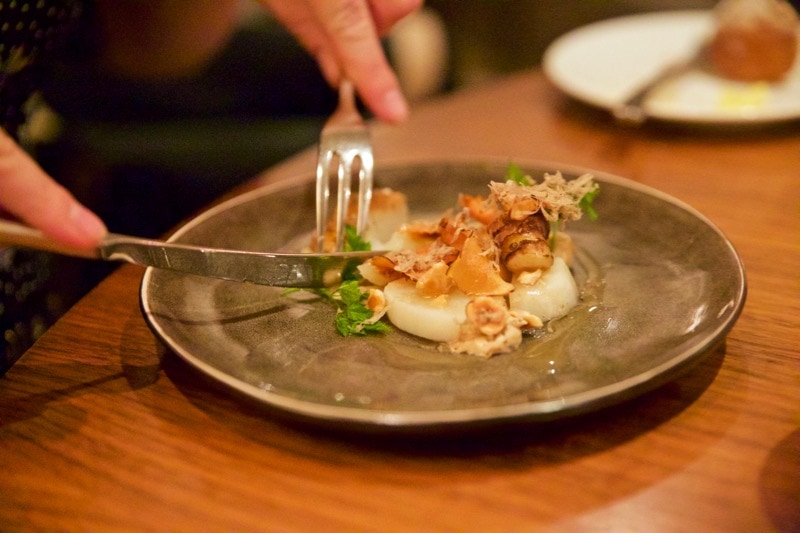 Pickled and roasted Jerusalem artichokes came with a truffle jel, toasted hazelnuts, shavings of black autumn truffle and chervil at The Artichoke, Amersham