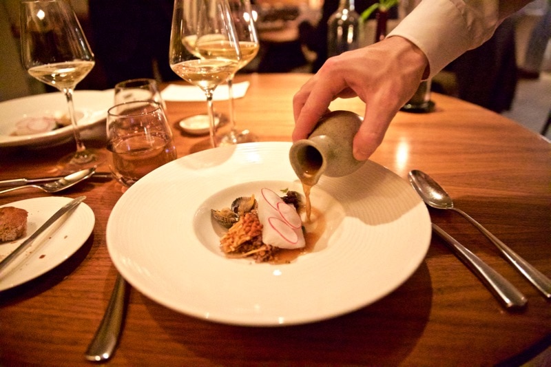 Poached fillet of turbot, toasted buckwheat, radishes and golden enoki mushrooms at The Artichoke, Amersham