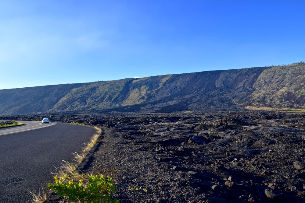 Driving through the lava fields in Volcanoes National Park, Hawaii