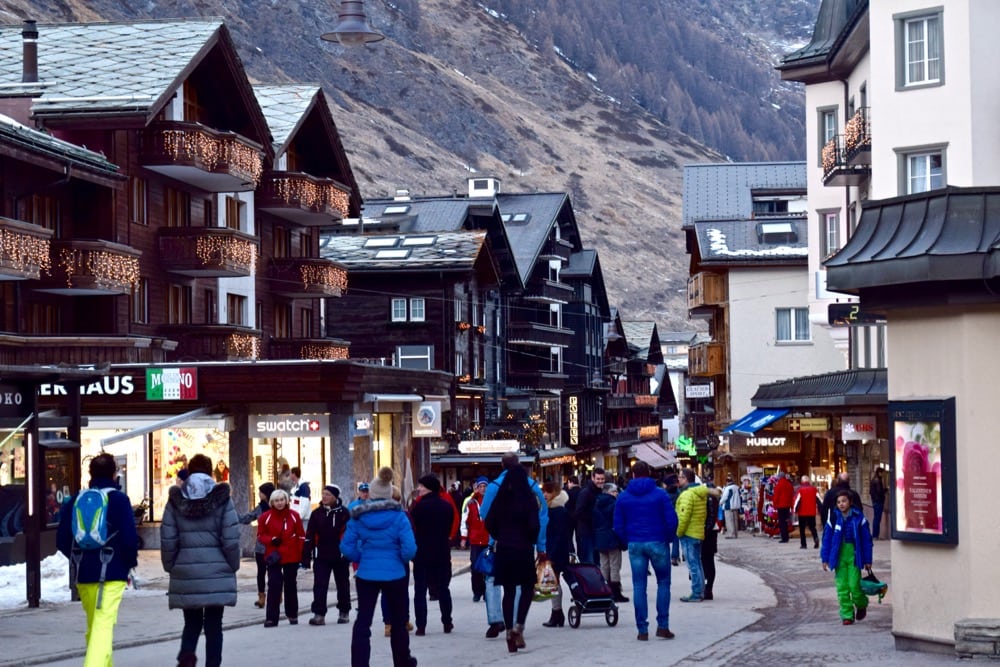 Zermatt's busy main street in winter, Switzerland