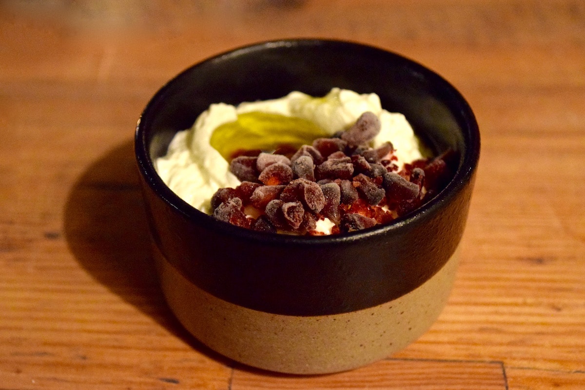 Whipped yogurt espuma with blackberries at Hawkyns Restaurant, Amersham