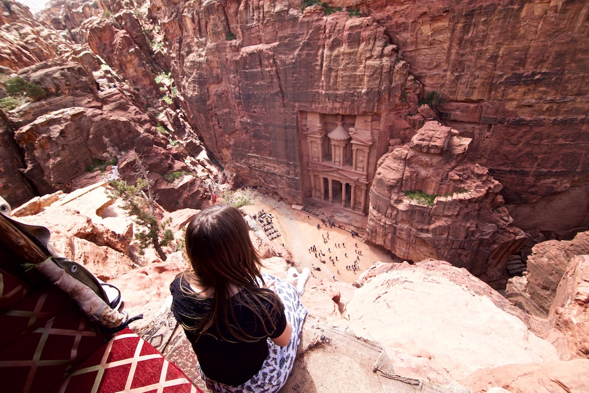 View of The Treasury from the top of the Al-Khubtha Trail in Petra, Jordan