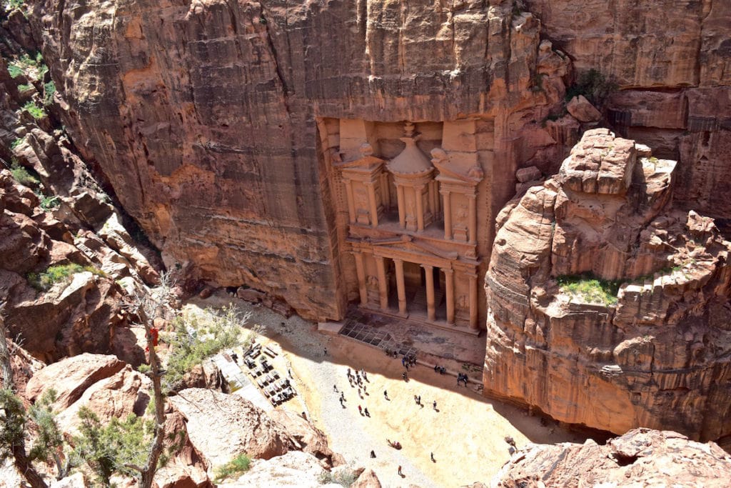 View of The Treasury from the top of the Al-Khubtha Trail in Petra, Jordan