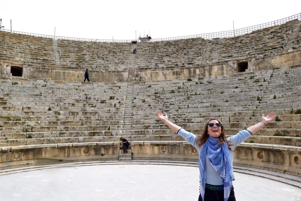 Scarf, jumper and jeans combo at Jerash