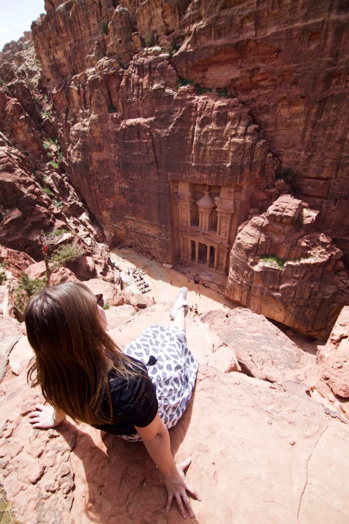 View of The Treasury from the top of the Al-Khubtha Trail in Petra, Jordan