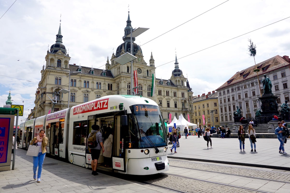 Catching the tram in Graz, Austria