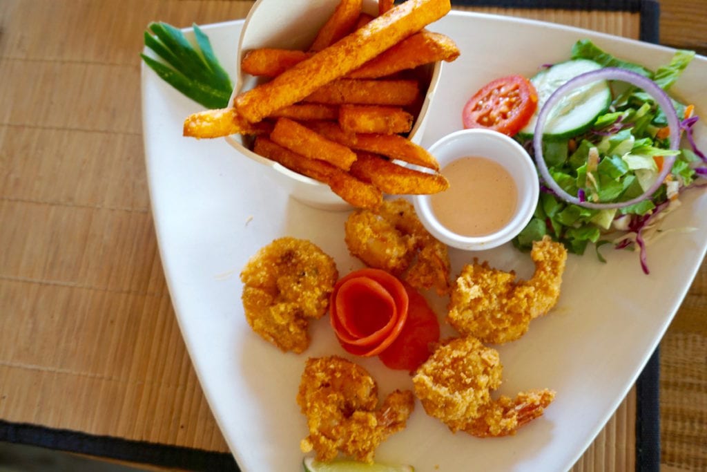 Battered shrimp and sweet potato fries at Beach Limerz, Antigua