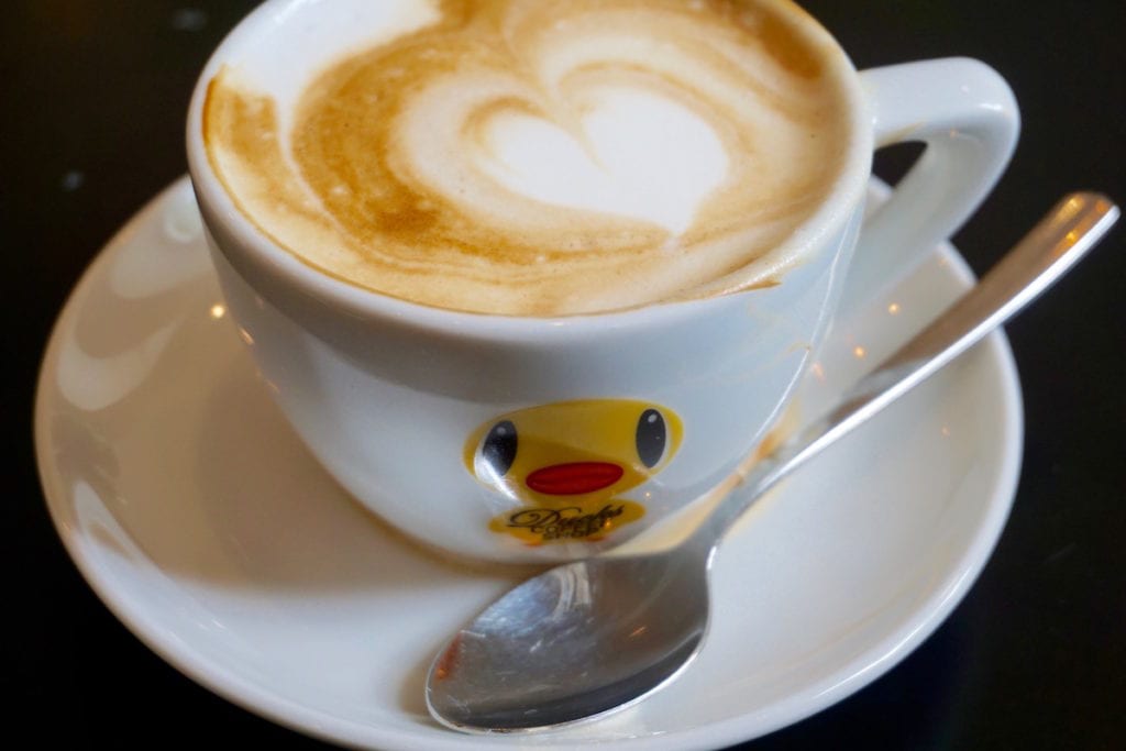 Cappuccino time at Duck stapler at Ducks Coffee Shop in Graz