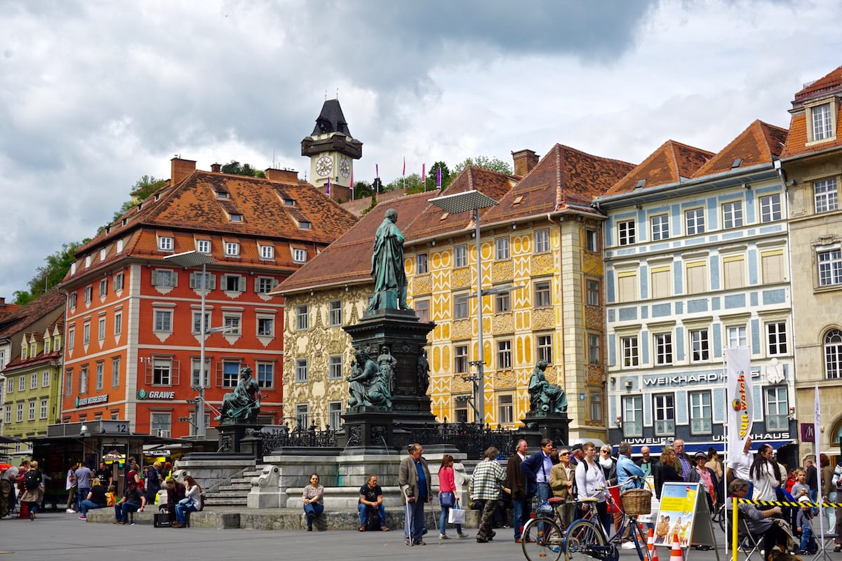 Colourful buildings in the main square in Graz