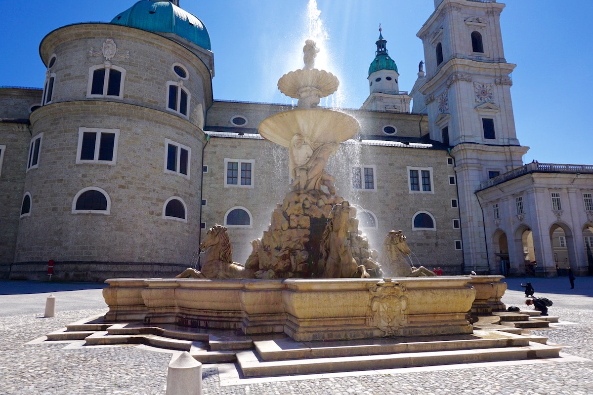 Impressive fountains in Residenzplatz Square, Salzburg, Austria