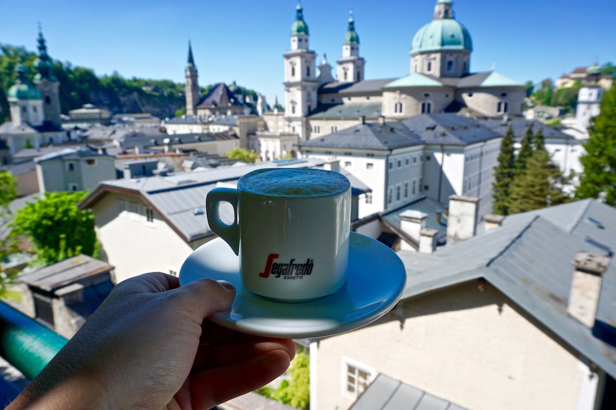 Coffee with a view at Steinterasse Restaurant and Bar in Salzburg Austria