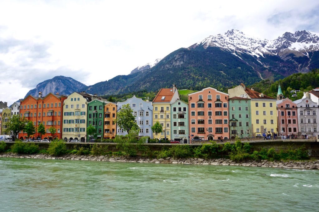 Colourful houses on the river in Innsbruck in Austria