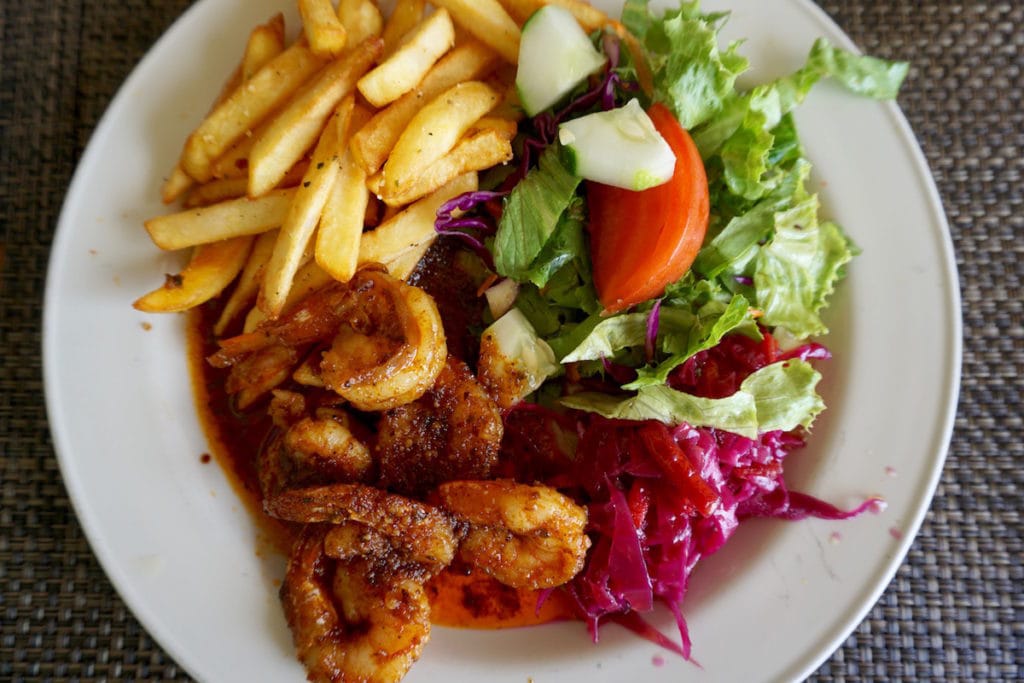 Hot and spicy shrimp at Dennis Beach Bar